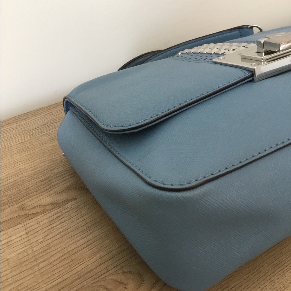 Michael Kors Tina Studded Flap Bag Lt. Blue Saffiano Leather Wear 2-ways - Picture 8 of 13